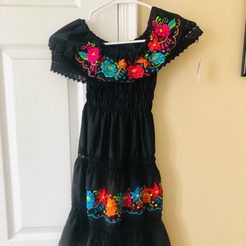 J. Jill Black Off-Shoulder Dress with Bright Floral Embroidery
